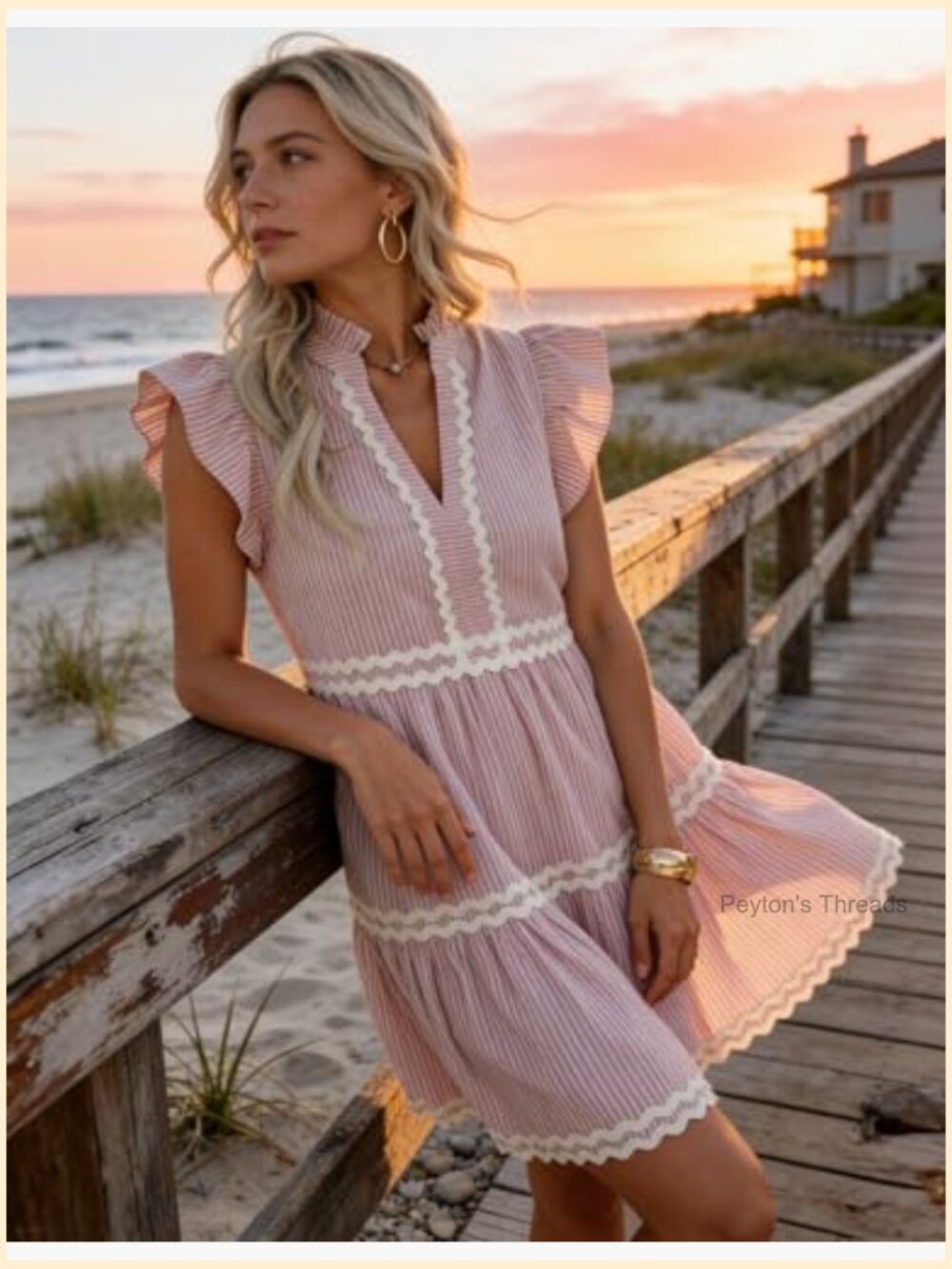 V Neck Flutter Sleeve Striped Ruffle A Line Mini Dress Beach Vacation - Picture 2 of 7